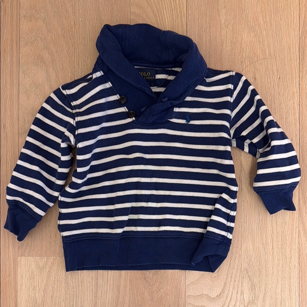 Polo by Ralph Lauren Blue and White Striped Sweater with Shawl Collar